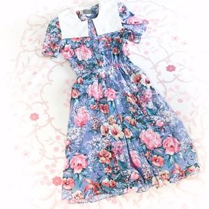 vintage 80s floral cottage core blue pink dress